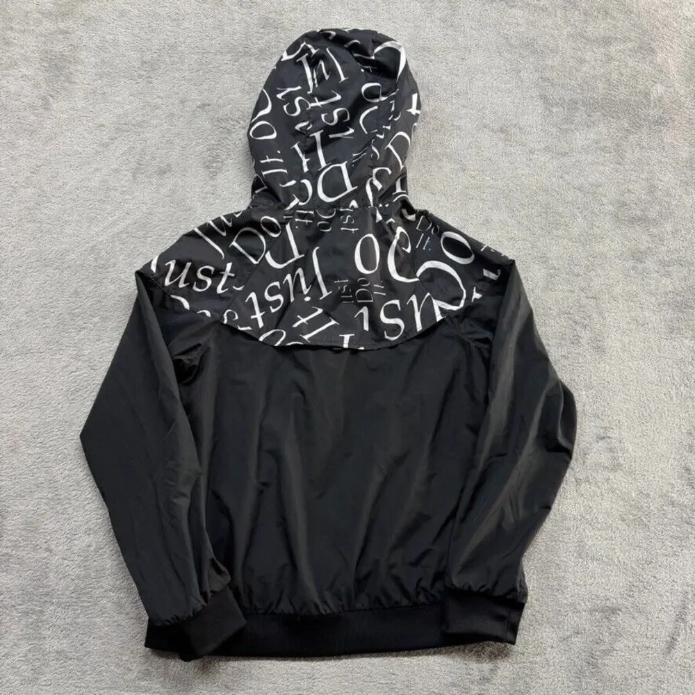 Nike Hooded Windbreaker Full‎ Zip Boys Large Black Swoosh Just Do it Patch